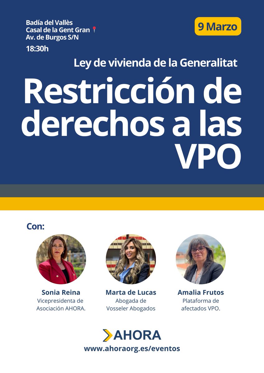 ¿Compraste una VPO o conoces a alguien que lo haya hecho?

Los cambios normativos recientes te pueden impedir venderla o alquilarla. Defiende tus derechos 👇

🗓 9 de marzo · 18:30h
📍 Badía del Vallès (Casal de la Gent Gran)

Puede afectarte más de lo que crees.