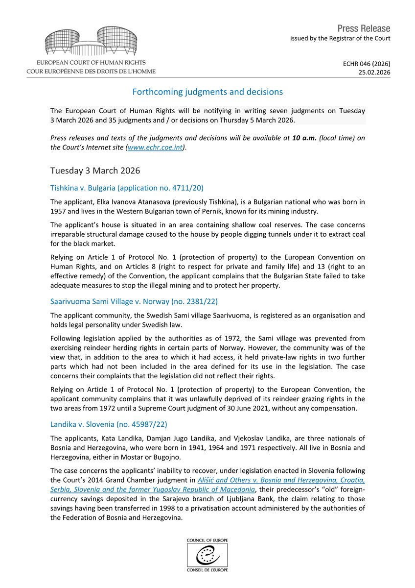 ECHR_CEDH's tweet image. Forthcoming judgments and decisions 03-05.03.2026
hudoc.echr.coe.int/app/conversion…
#ECHR #CEDH #ECHRpress