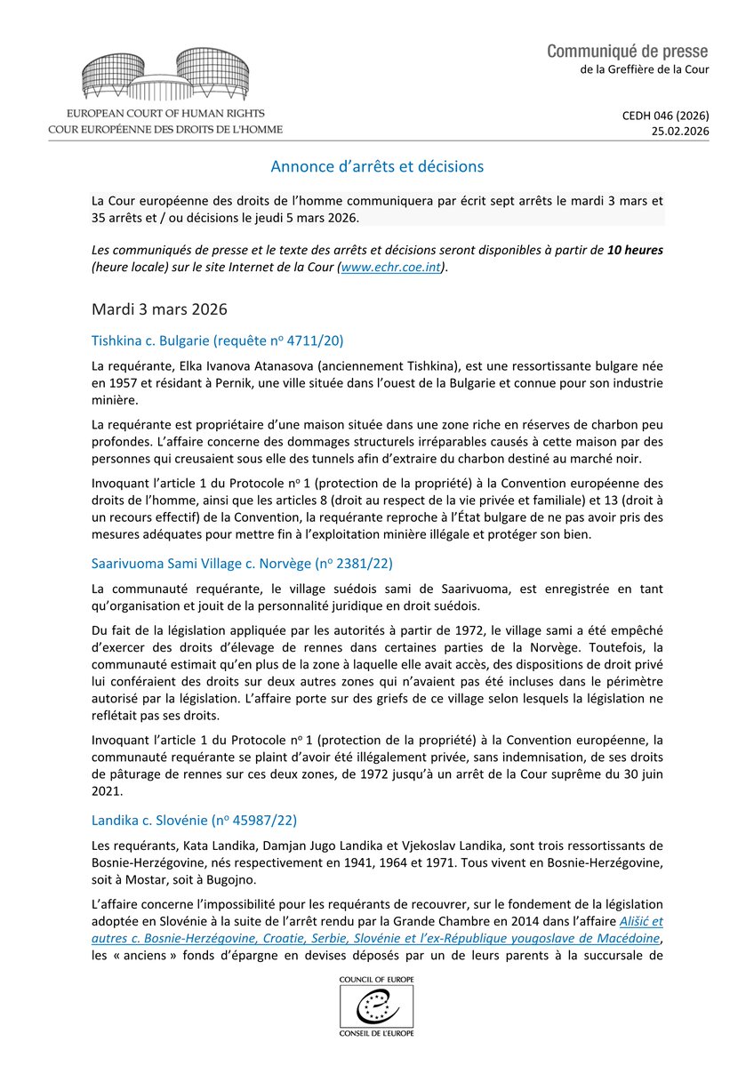 ECHR_CEDH's tweet image. Annonce d’arrêts et décisions 03-05.03.2026
hudoc.echr.coe.int/app/conversion…
#ECHR #CEDH #ECHRpress