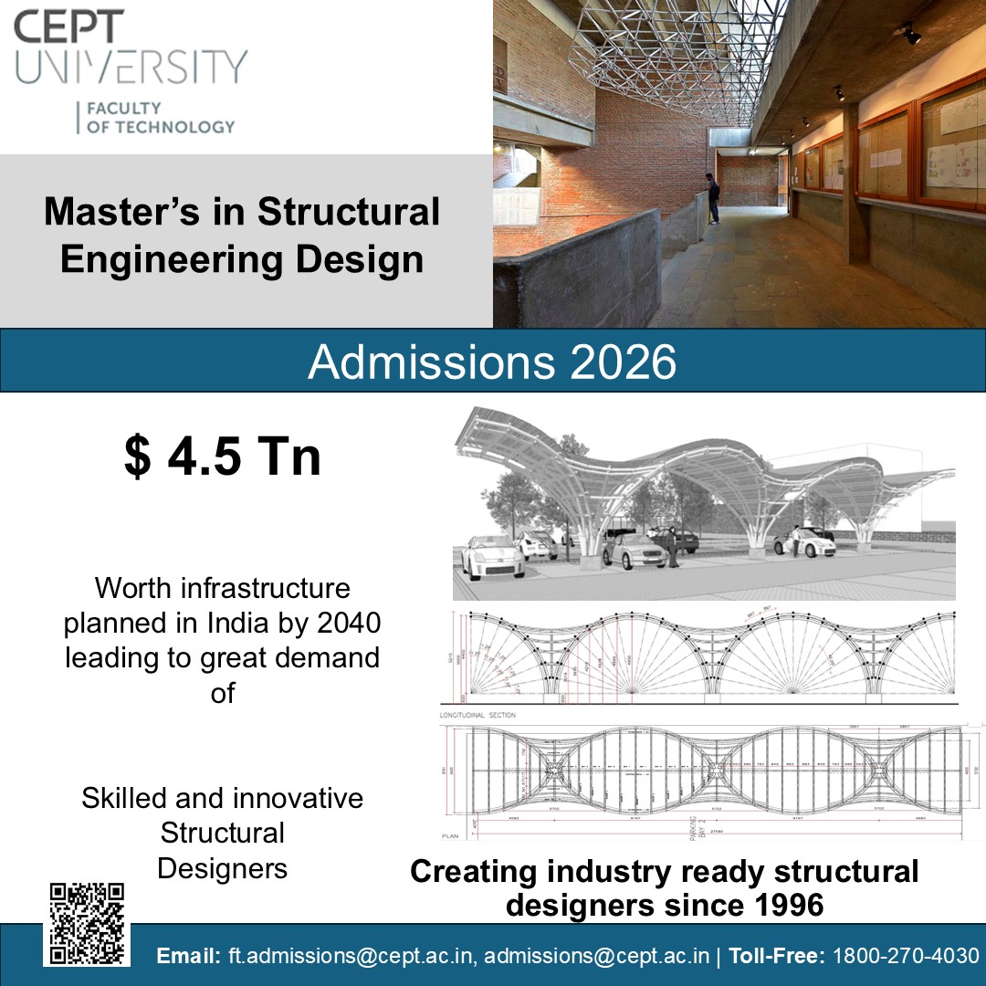 ftceptug's tweet photo. Interested in Structural Engineering?

Join the MSED webinar at CEPT University to learn about curriculum, studio learning &amp; career pathways.

📅 27 Feb | 5:30 PM
Register: https://t.co/fXfFUVp4oh
#msed #structuralengineering #mtechadmissions #ceptuniversity https://t.co/vIgcHs8w2C