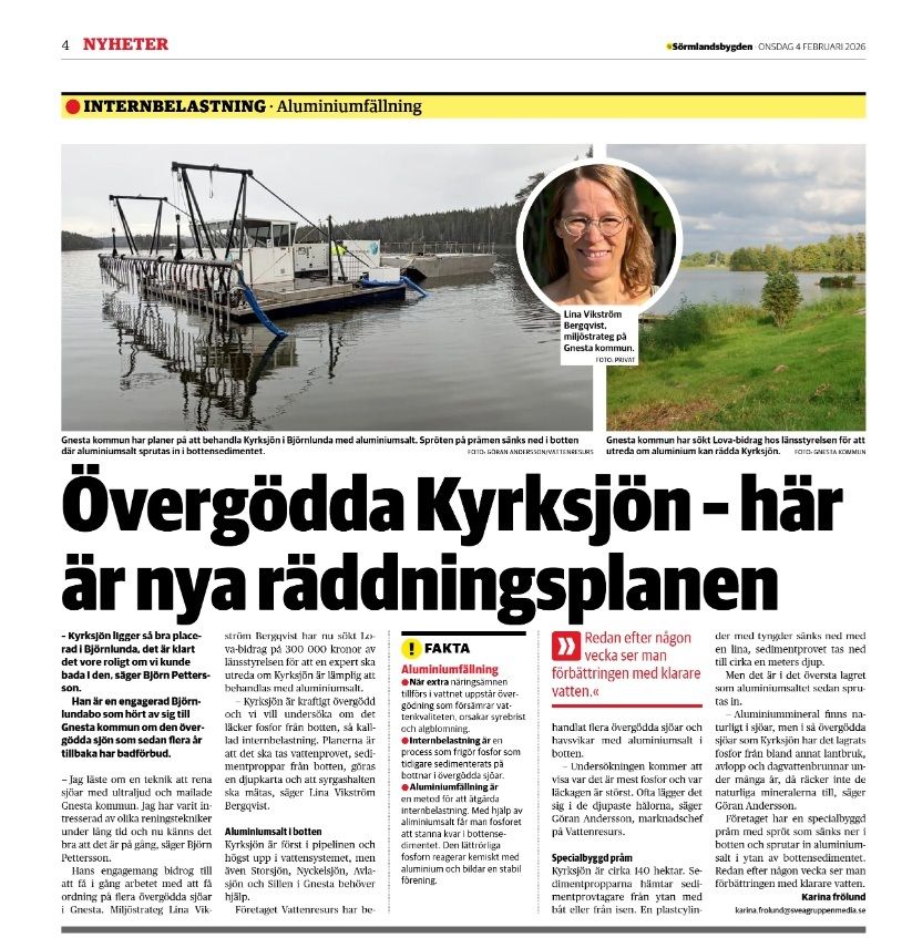 I Björnlunda, Gnesta kommun, planerar man att åtgärda den sedan länge kraftigt övergödda Kyrksjön. Undersökningar har påbörjats och fosforfällning kan vara ett alternativ.
Artikel i Sörmlandsbygden sormlandsbygden.se/2026/02/10/ove…