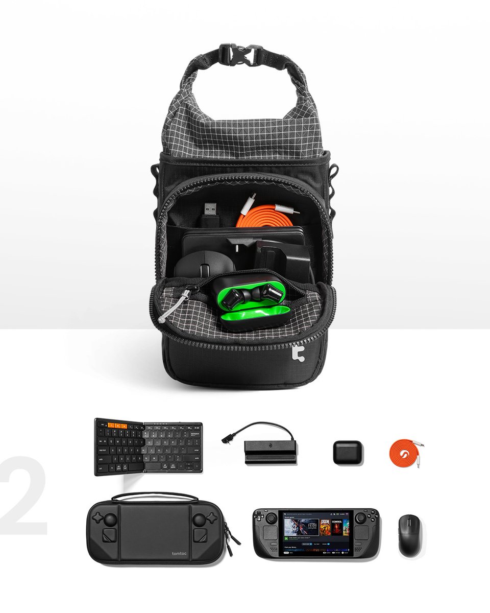 tomtoc_official's tweet photo. Meet the new GameOn-G50 Handheld Sling. With a roll-top closure that adapts to different handhelds and their cases, and a roomy front pocket for your gaming essentials, so you’re always ready to play.

Website: https://t.co/dk4JEFyFqK
Amazon: https://t.co/Vn4TixYVpF
20% off with code: 20OFFG50S2

#tomtoc #handheldgaming #rogally #steamdeck #switch2