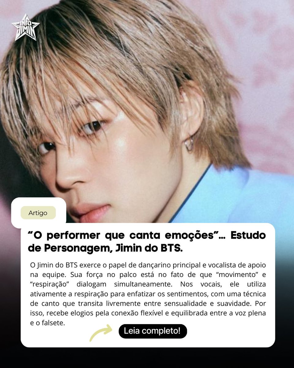 「 📄 」 A mídia coreana destaca a união entre movimento e respiração de Jimin como dançarino principal e vocalista de apoio, ressaltando sua presença de palco e sua técnica vocal que equilibra voz plena e falsete, com timbre único. Iniciou no popping, foi destaque na ‘Escola de
