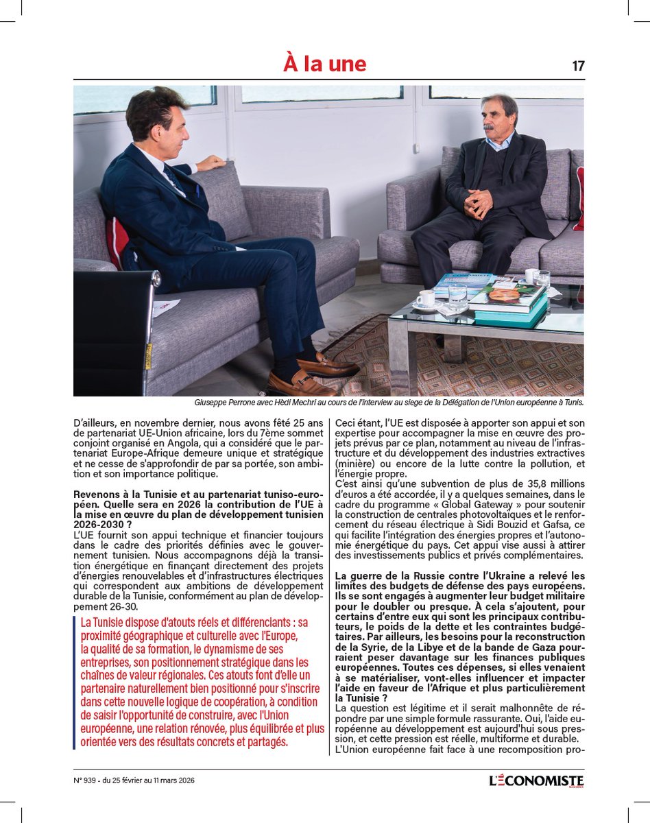 UeTunisie's tweet photo. Dans une interview avec @economiste_magh Giuseppe Perrone affirme une vision claire des relations 🇹🇳🇪🇺 : 🤝partenariat rééquilibré, Pacte pour la Méditerranée, intégration économique renforcée: "La 🇹🇳 n’est pas un terrain d’assistance, mais un pivot stratégique incontournable" https://t.co/Rpf5I4Z9ki