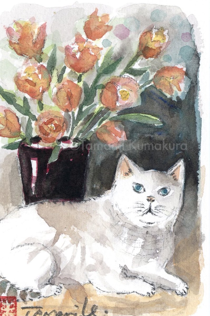 猫と花のそれぞれの時間 ポストカードサイズ原画です。 一匹の猫と11本