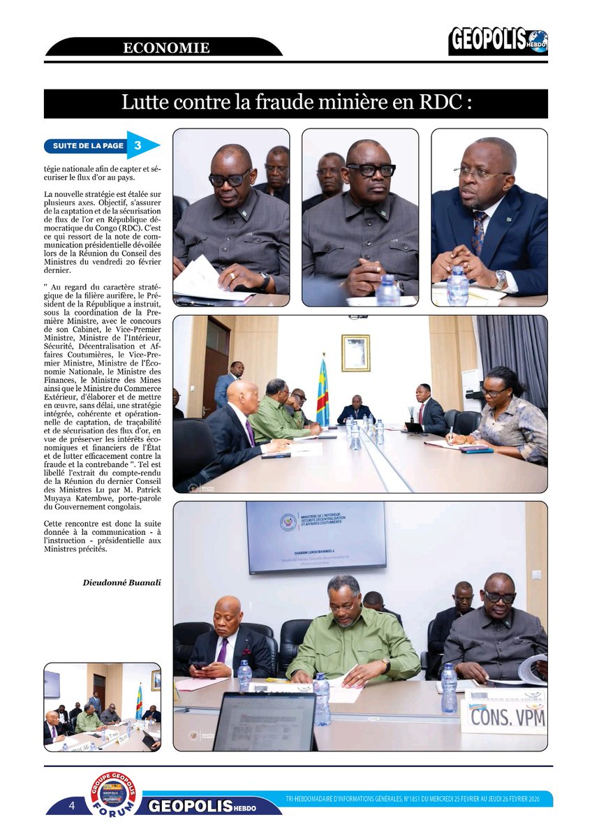 Lutte contre la fraude minière :

<a href="/LouisWKabamba/">Louis Watum Kabamba</a> et <a href="/shabani_lukoo/">SHABANI Lukoo J.</a> mettent ensemble un ambitieux '' Plan d’action offensif et coordonné ''

Avec <a href="/MinMinesRDC/">Ministère des Mines - RDC</a>
, <a href="/PrimatureRDC/">Primature de la République Démocratique du Congo</a> , <a href="/Presidence_RDC/">Présidence RDC 🇨🇩</a> , <a href="/FECRDC/">Fédération des entreprises du Congo</a> , <a href="/US_SrAdvisorAF/">U.S. Senior Advisor for Arab and African Affairs</a> , <a href="/USEmbKinshasa/">U.S. Embassy Kinshasa</a> , <a href="/Interieur_RDC/">Ministère de l'Intérieur de la R.D Congo</a> , <a href="/CadastreMinier/">Cadastre Minier RD Congo</a>