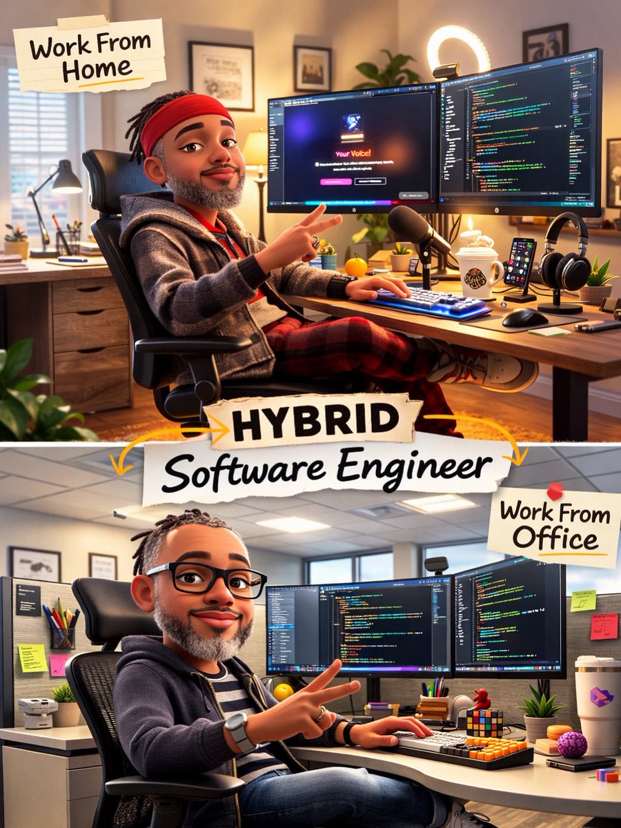 notablebit's tweet photo. Hybrid engineer mode:
Office by day.
Building platforms &amp; community by night.

Different desks. Same mission.

#BlackInTech #Builders https://t.co/FbMNYPBfdH
