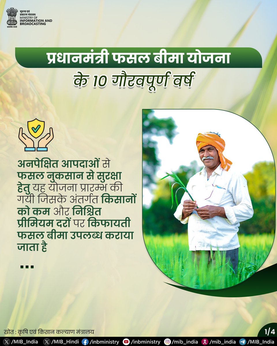 MIB_Hindi's tweet photo. प्रधानमंत्री फसल बीमा योजना के 10 वर्ष

18 फरवरी 2016 को शुरू की गई प्रधानमंत्री फसल बीमा योजना सरकार की एक प्रमुख योजना है, जिसका उद्देश्य किसानों को सरल, किफायती और व्यापक फसल बीमा समाधान उपलब्ध कराना है।

#PradhanMantriFasalBimaYojana #PMFBY #FarmersWelfare https://t.co/5MOYjpB7vu