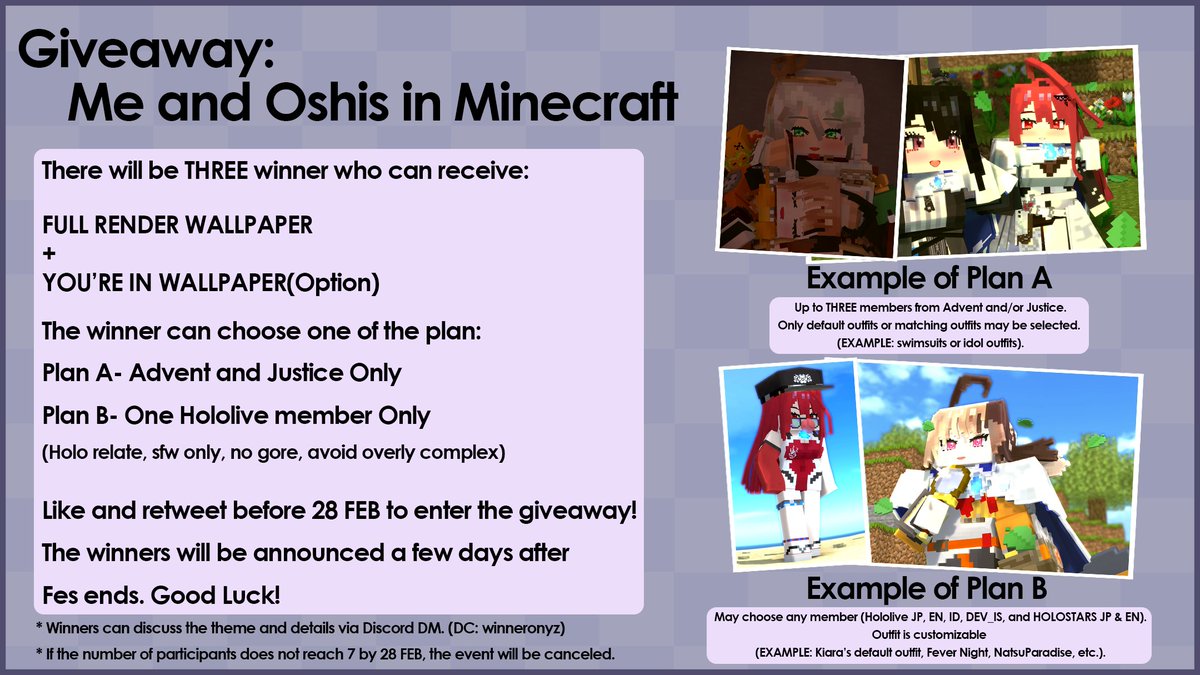winneronyz's tweet photo. 2000–3000 YT Subscriber Giveaway: Me and Oshis in Minecraft🎉
3 winners will be selected at random. Each winner will receive a custom Minecraft wallpaper featuring their oshi, and you’ll also be included in the art!
Thank you all for your support, and feel free to join!✨ https://t.co/9nUoci2gxR