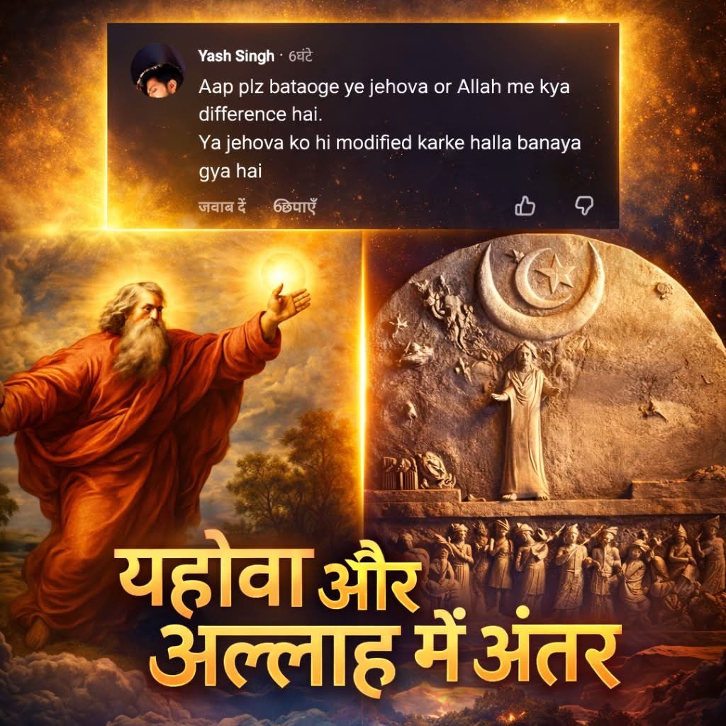 यश सिंह जी का अनुरोध है यहोवा और अल्लाह में अंतर क्या हैं। 

सबसे पहले यह बात जान ले इस्लामिक अल्लाह अस्तित्व हीन हैं केवल मुस्लिमों के नबी मोहम्मद द्वारा गढ़ा गया एक चरित्र हैं जिसका अभी तक वास्तविक प्रमाण कोई मौलाना मुफ्ती नहीं दे पाया है। 

अब जाने अल्लाह कौन हैं : वास्तविक