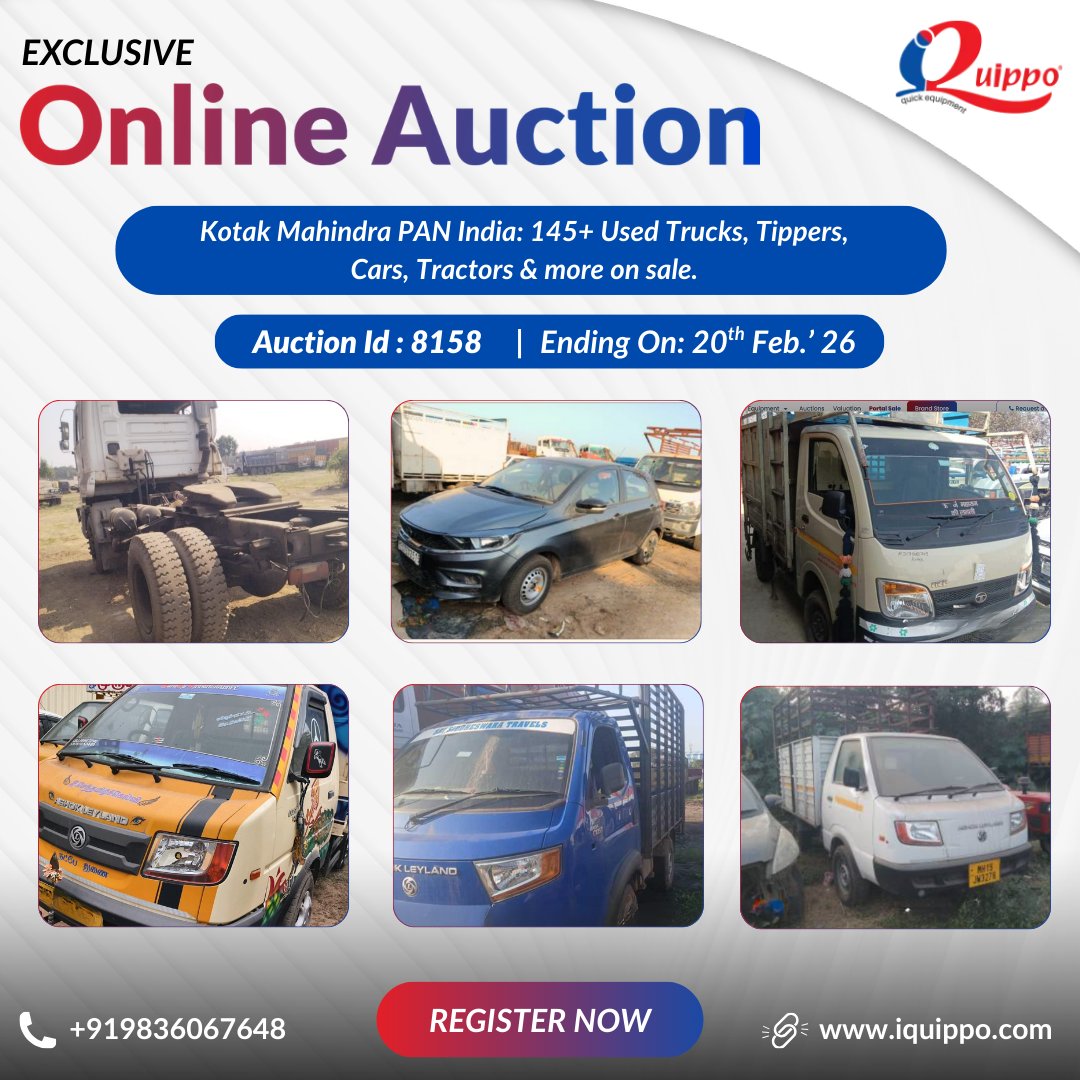 IQuippo's tweet photo. Huge PAN India auction by Kotak Mahindra! 🚚
145+ Trucks, Tippers, Cars & Tractors available.
🗓Starts & Close On - 17 Feb. 26 – 20 Feb. 26
Register Now : https://t.co/Vz0svOvURr
📞Call Us: +91 9836067648
#iQuippo #OnlineAuction #UsedVehicles #HeavyEquipment #iquippoauctions https://t.co/x57nMfRYfg
