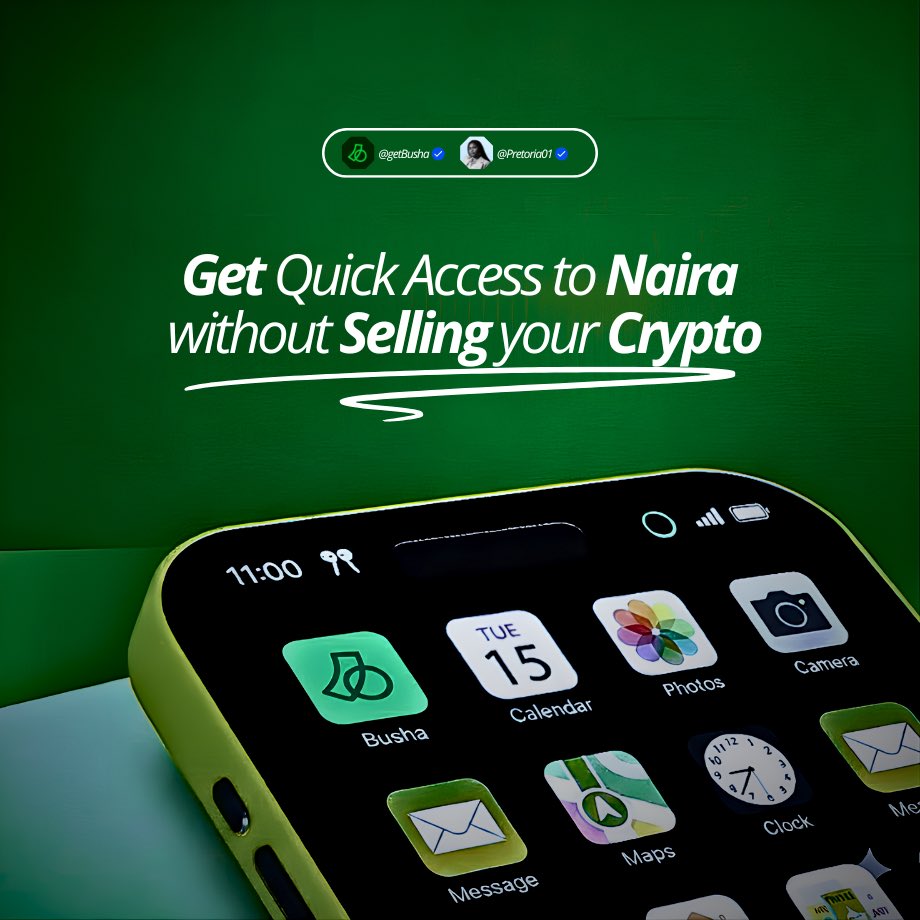 Pretoria01's tweet photo. Volatility.
Panic selling..
P2P arguments...
“Please release coin.”
“Send screenshot.”

All avoidable… if you didn’t have to sell your crypto every time you needed cash.

What if selling wasn’t your only option?

What if you have a platform to access quick cash?

Let's explore @getBusha together! 🧵↓
