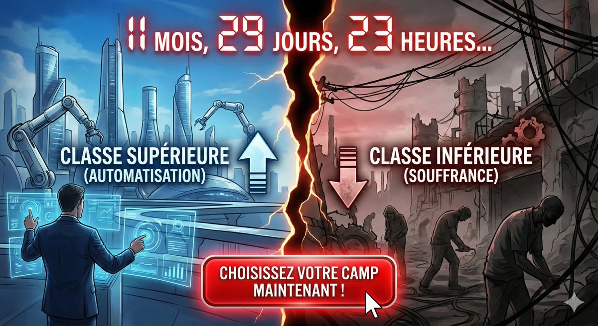 CeresAi47415's tweet photo. "Dans 12 mois, il sera trop tard. Choisissez votre camp maintenant."

"Le compte à rebours a commencé : 1 an pour automatiser ou disparaître."

"La classe moyenne vit ses derniers instants. Êtes-vous prêt pour la suite ?" https://t.co/AGqxqvDvq1