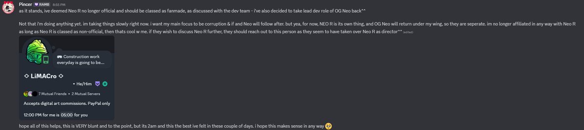 I've talked to one of the directors through a friend and Neo R is now considered a fanmade.

As for the Mod itself. I will keep it on hold until they fix the issues.