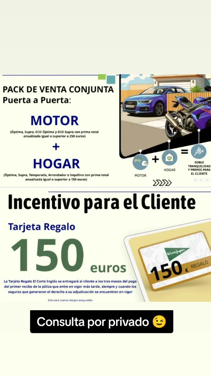 Contrata tu seguro de MOTOR + HOGAR, AHORRA DINERO y llévate una 🎁 TARJETA REGALO de 150€.
Protege lo que más importa y además gana.
📞 Llámame ahora: 684 24 74 78
El Corte Inglés Seguros
#Seguros #SeguroDeCoche #SeguroDeHogar #Ahorro #Promoción #ElCorteInglés #Motor #Hogar