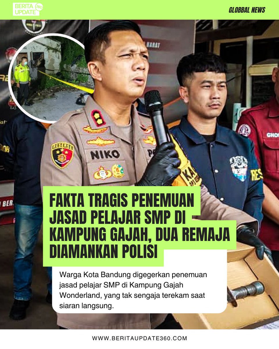 berita360_'s tweet photo. Warga Kota Bandung digegerkan penemuan jasad pelajar SMP di Kampung Gajah Wonderland, yang tak sengaja terekam saat siaran langsung.
📌 Baca selengkapnya disini : https://t.co/YtxF0Ml8ts
#warga #jasad #pelajar #smp #kampunggajah #bandung Ketua BEM UGM Perkuat Diplomasi Global https://t.co/gaUVERl8Og