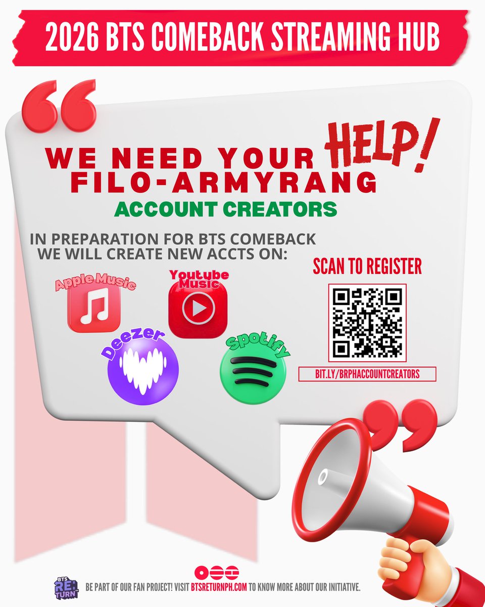 🗣 PH ARMY, we need more hands on deck!
Join the Account Creators initiative for ARIRANG. 

Every account = added strength for BTS. 

Be part of the build.
📲 bit.ly/BRPHAccountCre… 

🌐 btsreturnph.com 

ALL IN FOR BTS. 💜🇵🇭
#BTSRE_TURNPH #BTS_ARIRANG #PHARMYRANGsUnite