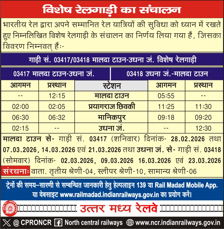 CPRONCR's tweet image. भारतीय रेल द्वारा अपने सम्मानित रेल यात्रियों की सुविधा को ध्यान में रखते हुए निम्नलिखित विशेष रेलगाड़ी के संचालन का निर्णय लिया गया है, जिसका विवरण निम्नवत है-:
#TrainTimeTable #NCRailway