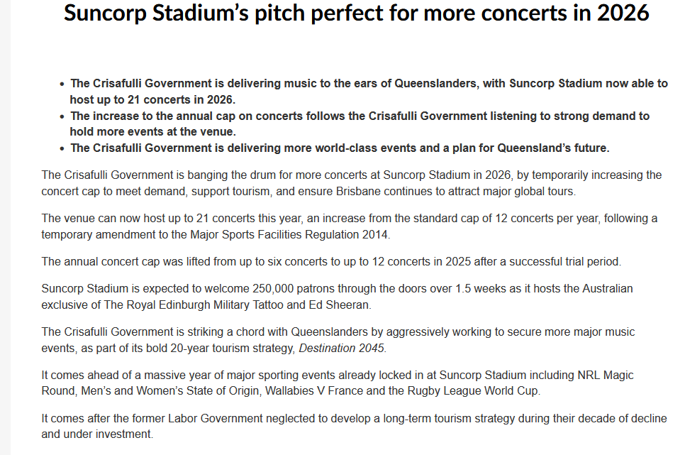 Chris57421662's tweet photo. The Queensland Government themselves are even boasting about Suncorp being a Concert Venue. 

This is getting absurd. We need a second rectangular stadium and we need Perry Park.

Build Perry Park
#fundfooty
#buildperrypark https://t.co/XrWAcNNQ4B