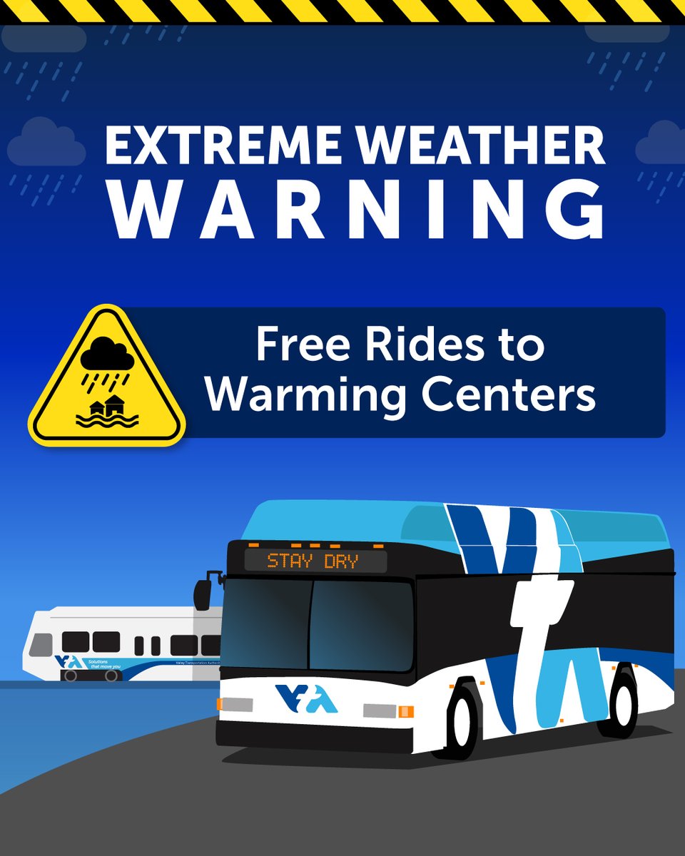 VTA's tweet image. Cold and rainy weather is expected for the remainder of the week! To help you stay warm, VTA is offering FREE rides to and from Santa Clara County’s warming centers from 2/17-2/21. For times and locations, visit bit.ly/45mfPbG.