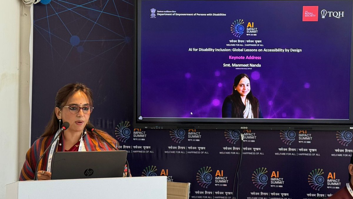 socialpwds's tweet photo. Speaking at the AI Impact Summit 2026 at Bharat Mandapam, Ms. Manmeet Kaur Nanda, Additional Secretary, #DEPwd, highlighted the importance of building an inclusive AI ecosystem during the panel discussion on Inclusive AI for Disability Inclusion: Global Lessons on Accessibility by Design.

She underscored that artificial intelligence must be designed for everyone and called for a structured, collaborative ecosystem to ensure its equitable development. She noted that #DEPwD is actively working with multiple AI-focused startups, while its National Institutes are advancing research and innovation in the field. She cited the work of @NIEPID  in developing the Indian Test of Intelligence as an example of indigenous technological progress.

Emphasizing sustainability, Ms. Nanda stressed that India’s AI models must be affordable, practical, and accessible so that persons with disabilities, including those in rural areas, can benefit equally. With smartphones now widely used, she called for AI solutions that are within everyone’s reach and truly inclusive.

#InclusiveAI #AccessibleIndia 

@PMOIndia @Drvirendrakum13 @blvermaup @GoI_MeitY @OfficialINDIAai @mygovindia @PIB_India 

@
