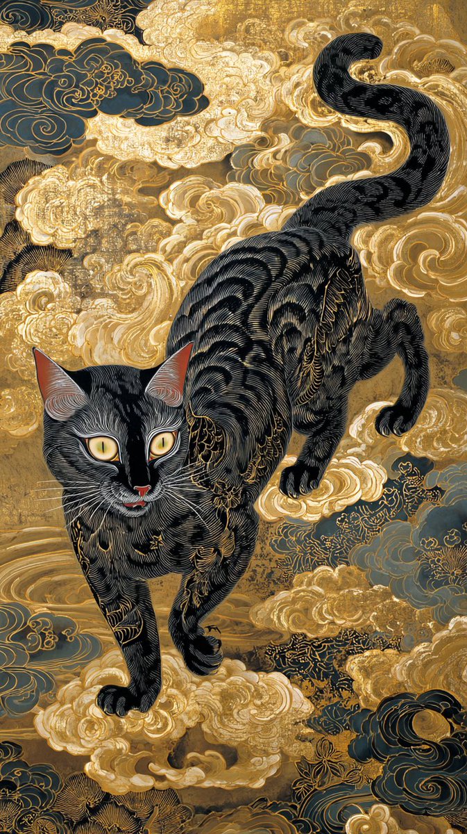 ukiyoecat's tweet photo. 黒雲を裂き、金の空を駆ける。
江戸の空を渡る、金雲の使い。

#Ukiyoe
#JapaneseArt
#BlackCat
#MythicalArt
#DigitalArt https://t.co/yPsMyx1bZX