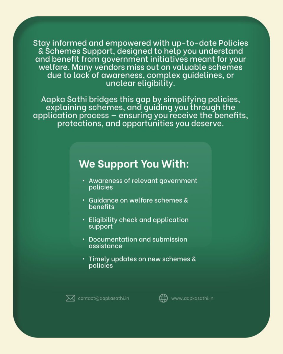 aapkasathi09's tweet photo. Policies create opportunity — awareness unlocks it.
Aapka Sathi helps street vendors access and benefit from relevant government schemes.
👉 Learn more: https://t.co/kG0HlllJCL

#PoliciesAndSchemes #AapkaSathi #VendorSupport https://t.co/RmEySde41T
