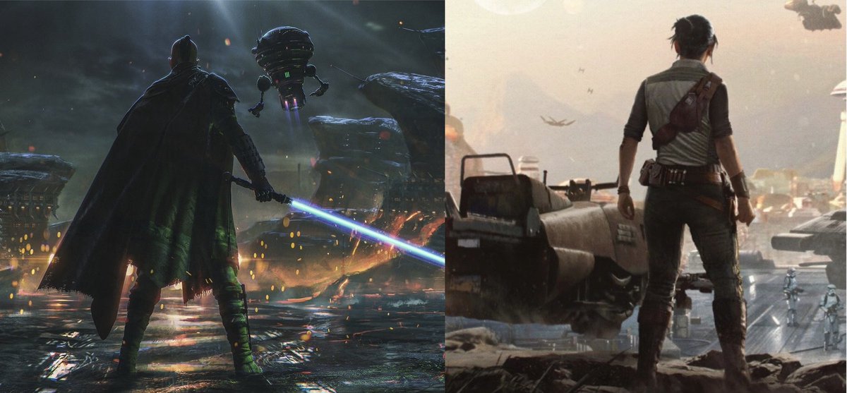 TheeIdeas's tweet photo. Early concept art for Cal Kestis and Kay Vess shows two very different sides of the #StarWars galaxy. From the moody, ronin-style Jedi survivor to the gritty, "lived-in" world of the ultimate scoundrel https://t.co/ye858UknzS