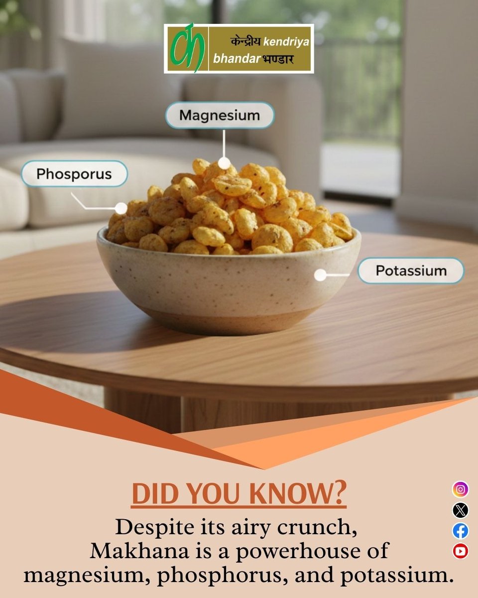 BhandarKendriya's tweet photo. Did you know that Makhana is highly nutritious? The choicest KB Makhana is packed with minerals to energise your day! #KendriyaBhandar #KBMakhana #HealthySnacks #NutritiousBites #PowerFood https://t.co/OKHdCZQj5b