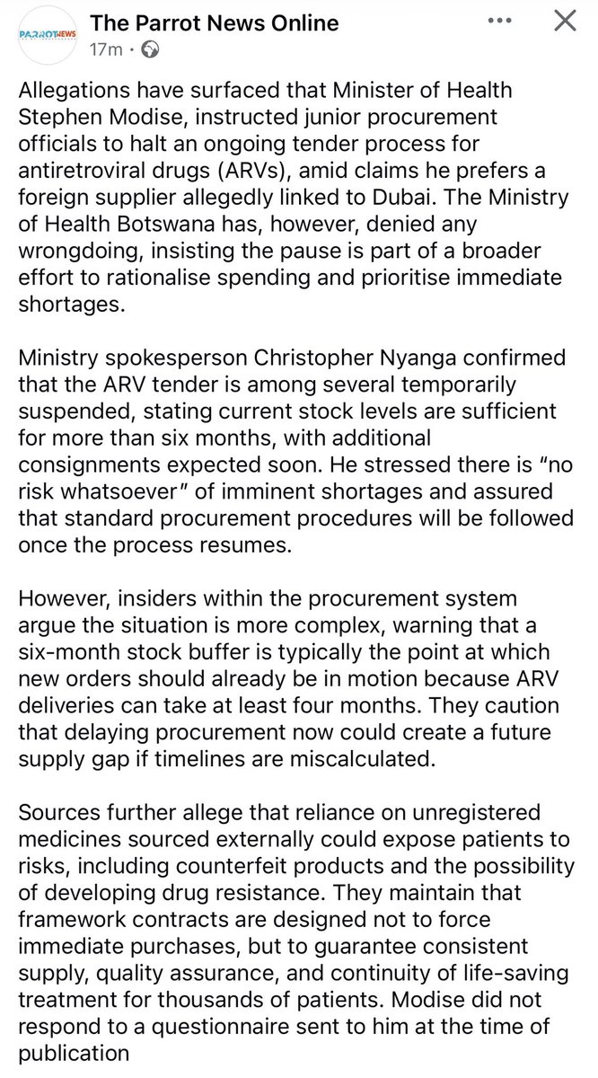 So they are alleging MOH halted procurement of ARVs cause minister has a supplier in Dubai he prefers? Spokesperson says yes it was stopped but for improving getting value &amp; no risk of shortages as they have at least 6months supply. Insiders said the is risk with these