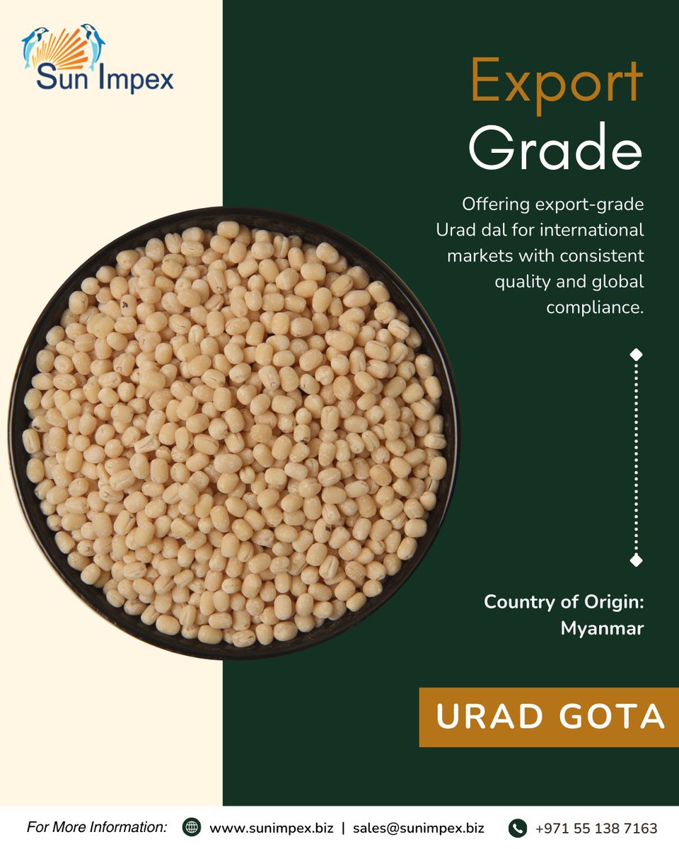 Offering Urad Gota from Myanmar.

📞 Contact: +971 55 138 7163
📧 Email: sales@sunimpex.biz

🌐 Visit: zurl.co/vO4U3

#sunimpex #agro #importexport #uradgota