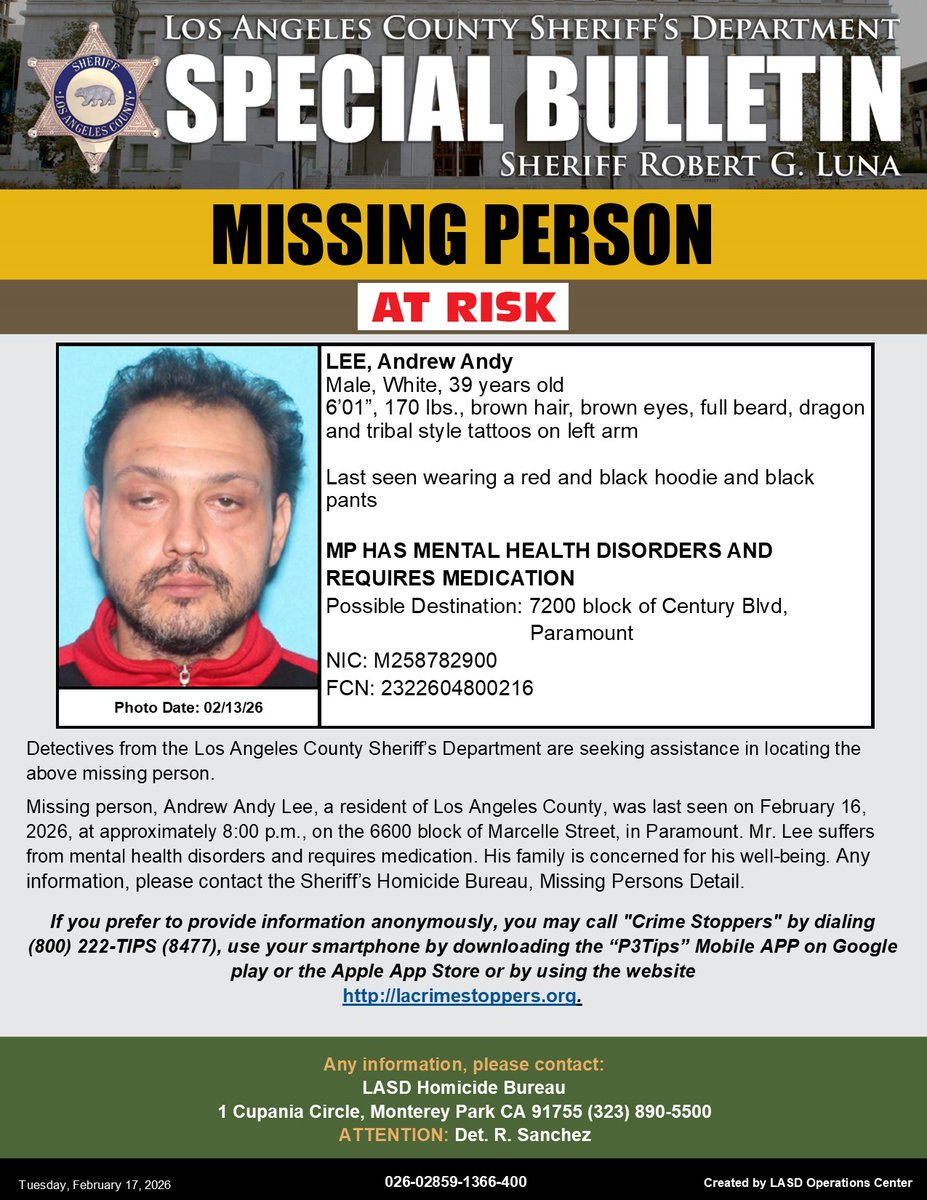 #LASD is Asking for the Public's Help Locating At-Risk Missing Person, Andrew Andy Lee #Paramount 

local.nixle.com/alert/12201621