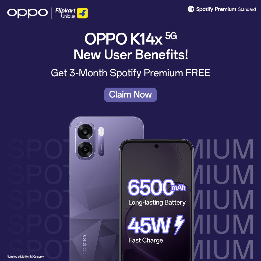 The new #OPPOK14x just got even better!  Claim 3 months of Spotify Premium* FREE and power your days with its 6500mAh battery and  45W  SUPERVOOC™️ Flash Charge. 

Don’t miss out!

Available on Flipkart! Buy now bit.ly/4rc4xzG

#OPPOKSeries #MorePowerLessLag

TnC Apply*