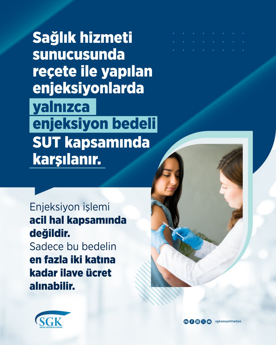 Genel Sağlık Sigortalılarımızın, sağlık hizmeti sunucularında reçete ile uygulanan enjeksiyonlarda yalnızca enjeksiyon bedeli Sağlık Uygulama Tebliği (SUT) kapsamında karşılanmaktadır.