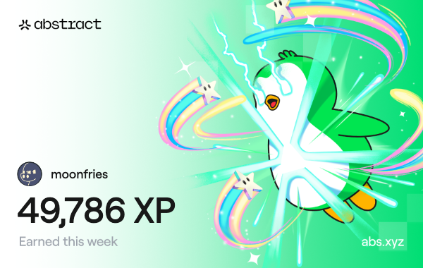 moonfries_eth's tweet photo. I just earned 49,786 XP on @AbstractChain! 🎉 https://t.co/lDBvr6bNda