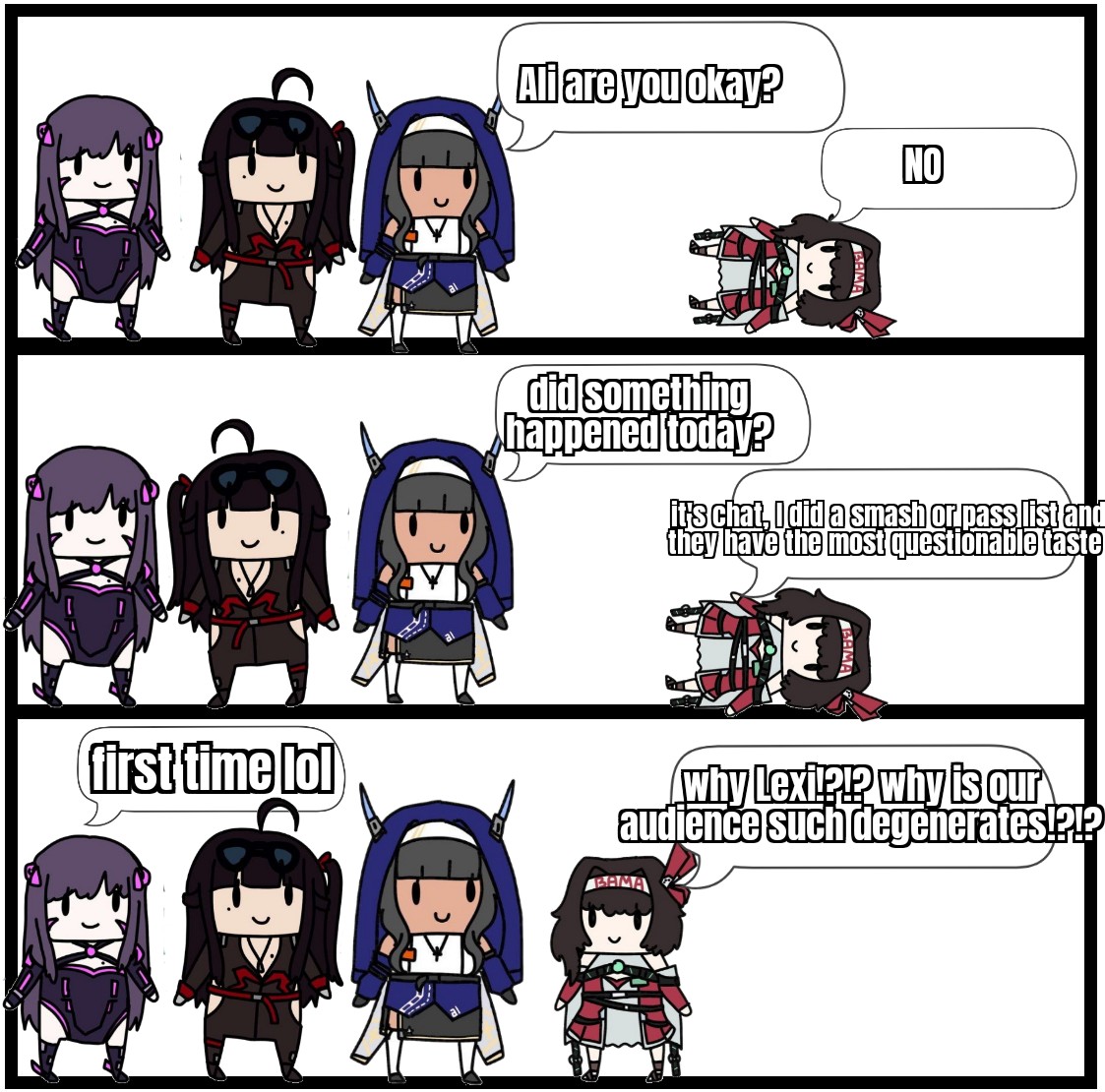 <a href="/Ali60VT/">Ali-60 🐘🔴 【VFleet】</a> questions chat taste in Waifu's and Husbando's after that smash or pass tier list 

(FT. <a href="/Lexie16VT/">Lexie-16 💙👻 【VFleet】</a>, <a href="/Habu71VT/">Habu-71🐦‍⬛🔴【VFleet】</a> and <a href="/Ami35VT/">Goonie-35⚡😈【VFeet】</a>)

VFLEET Adventures #64

#vfleet