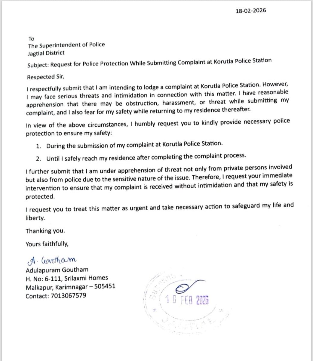 Goutham511's tweet photo. Request to provide protection during submission of complaint in Korutla Police Station, Jagtial District. ⁦@SpJagtial⁩ ⁦@TelanganaDGP⁩ ⁦@shokorutla⁩ https://t.co/lhkuD8d8y6