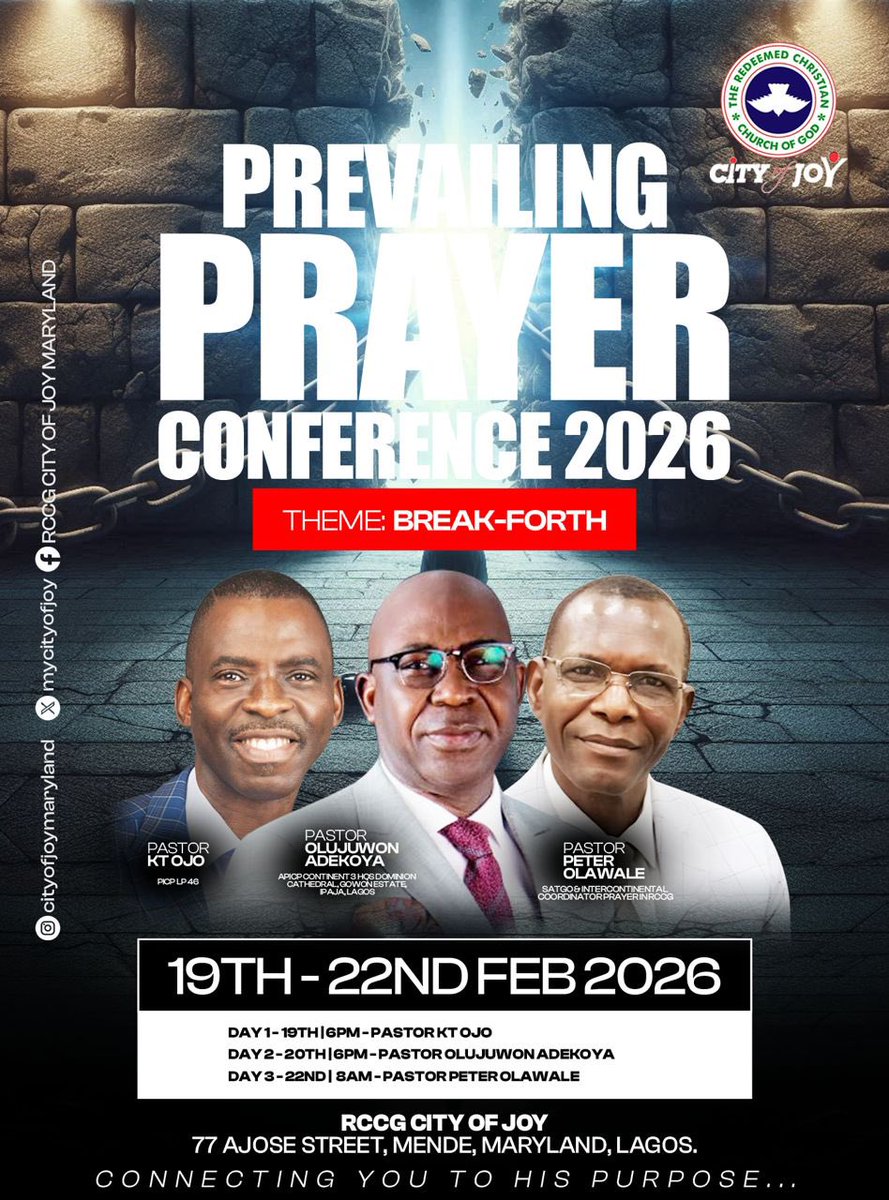 mycityofjoy's tweet photo. ARE YOU READY?
Prevailing Prayer Conference 2026 kicks off tomorrow evening
📅 19–22 Feb 2026
🕕 Thu/Fri 6PM | Sun 8AM
📍 77 Ajose St, Mende, Maryland, Lagos
Prepare your knees—miracles await! Invite your squad 🔥
#PrevailingPrayerConference2026 #BreakForth #RCCGCityOfJoy #RCCG https://t.co/aF4VKVGKWu