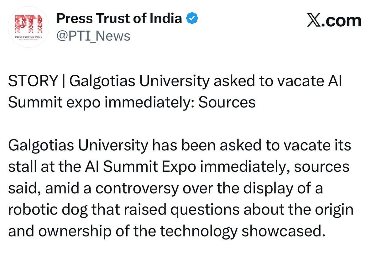 kaankit's tweet photo. खबर है कि AI Impact Summit Expo से गैलगोटियास यूनिवर्सिटी को अपना स्टॉल तुरंत खाली करने के लिए कहा गया है।

लेकिन जो यूनिवर्सिटी Expo में स्टॉल डिजर्व नहीं करती, वह समाज और देश में होना कैसे डिजर्व कर सकती है? https://t.co/VNQZw7h5qJ