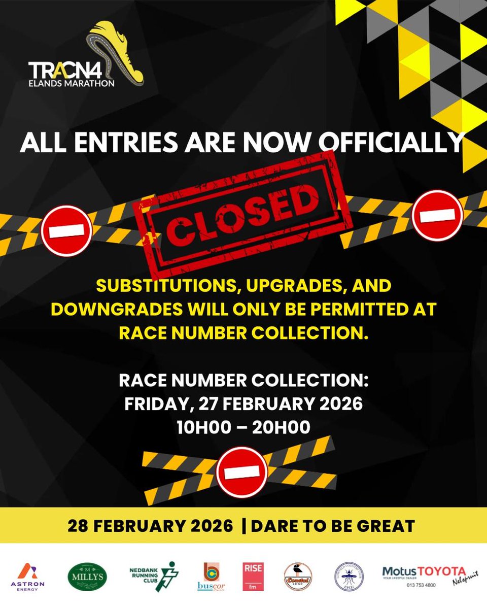 ElandsMarathon's tweet photo. ALL ENTRIES ARE NOW CLOSED!!!!!
See you on the 28th of February
#TRACN4ElandsMarathon
#ElandsMarathon2026
#5YearMilestone
#ComradesQualifier
#TwoOceansQualifer
#RunElands
#DareToBeGreat
#PBFarm https://t.co/gkSZtwQ85C