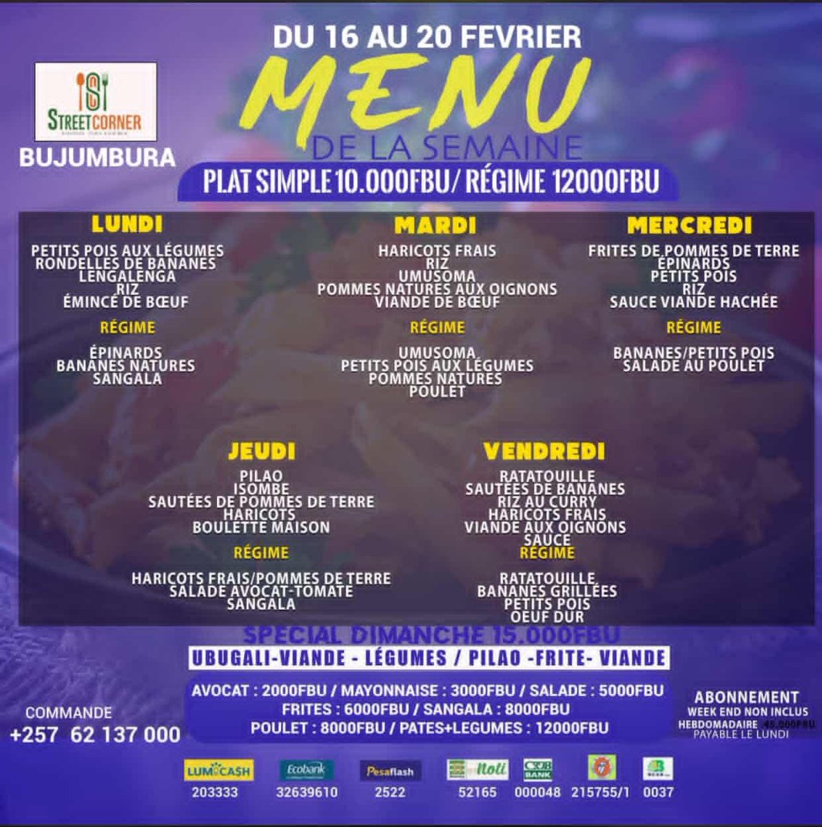 🍽️ Cette semaine, on mange bien avec <a href="/streetcorner/">streetcorner</a> 🤤
Saveurs locales, plats généreux et prix doux 😋🔥

La livraison est offerte ‼️
☎️ +257 62 137 000