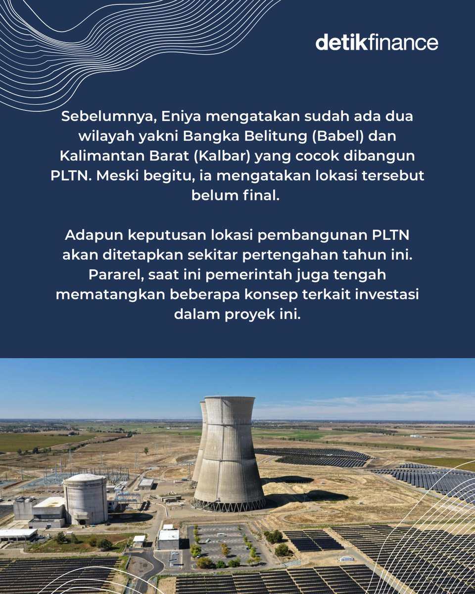 detikfinance's tweet photo. Indonesia segera mempunyai #PLTN. Kementerian #ESDM menargetkan PLTN ini sudah masuk jaringan listrik nasional (on-grid) pada 2032.
Creator: Arini https://t.co/DB0Tj47kvX