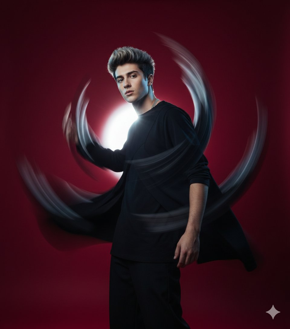 ~~~ 

High-fashion motion blur portrait inspired by viral editorial photography, set in a minimal studio with a solid deep crimson background. Vertical 4:5 frame, low camera angle looking slightly upward for dramatic presence. Model wears oversized black street-luxury outfit with flowing sleeves and layered fabric that reacts to movement. Subject spins slowly while camera rotates slightly, producing circular motion blur wrapping around the figure. Face remains softly defined at center while arms and fabric dissolve into abstract streaks. Powerful backlight positioned directly behind creates glowing halo edges and cinematic flare. Soft front fill keeps skin visible without removing contrast. Shot on mirrorless full-frame camera, 50mm lens, f/1.8, ISO 250, shutter speed 1/10s for heavy blur trails. Editorial mood, fashion campaign energy, smooth color grading, dramatic silhouette, viral AI aesthetic, clean background, no neon, no extra objects.