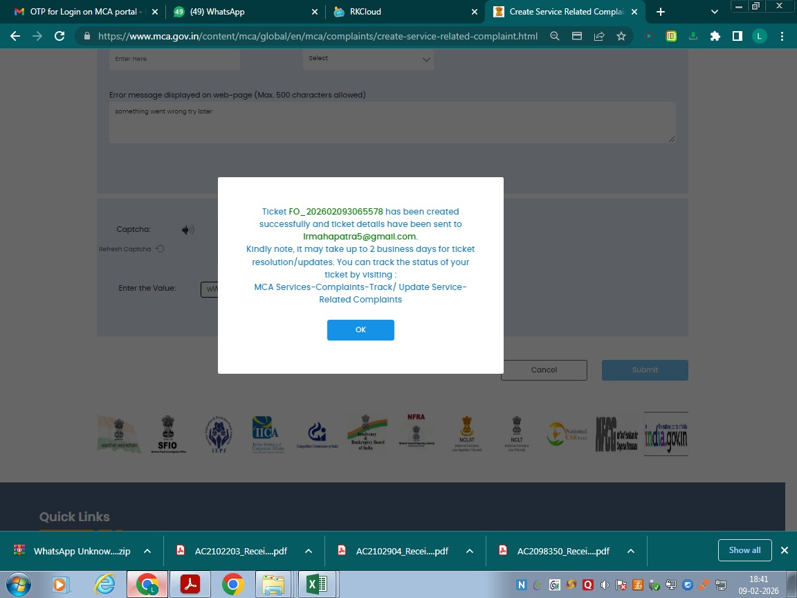 rupesh3991's tweet photo. @MCA21India I have raised a service complaint on MCA portal but facing issue. unale to create login and register dsc
Ticket No: FO_202602093065578 @HelpdeskMCA21V3 https://t.co/02bIuBUlP7