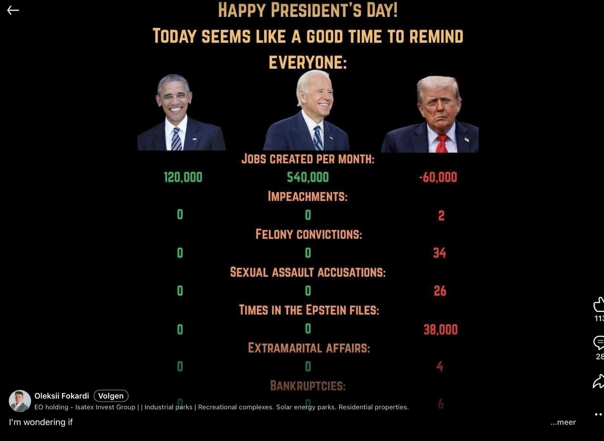 Dit mag je op LinkedIn plaatsten… 

Het verdraaien van de waarheid is ok, maar als je er op reageert dan krijg je een reprimande.

#presidentsday
#Trump bashen en biden &amp; obama ophemelen….

Is er een fact-check op onderstaand?
