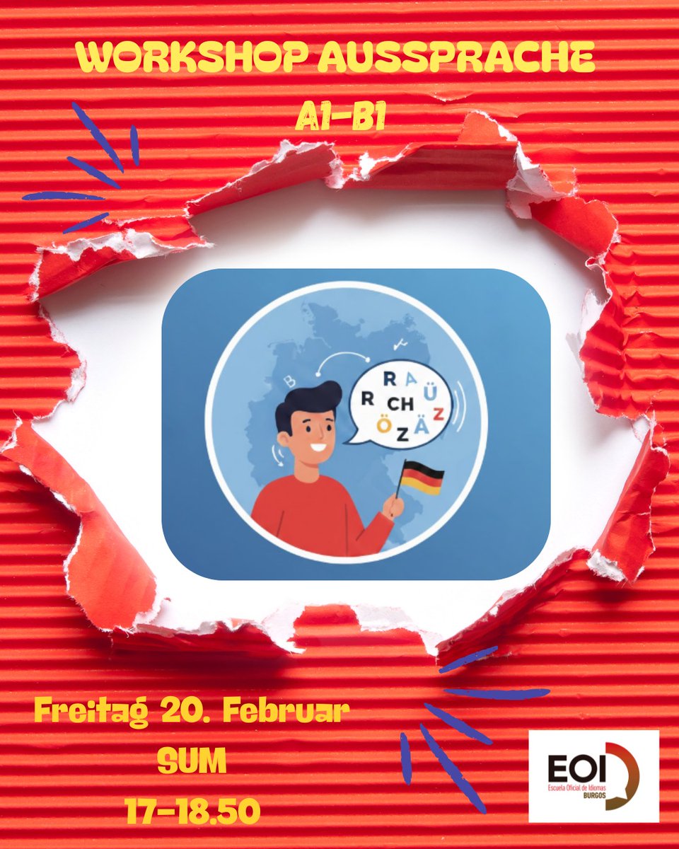 🇩🇪🇦🇹🇨🇭 Aprende alemán con la EOI de Burgos.😁 El Departamento de alemán organiza una actividad el viernes para los alumnos de A1-B1: Workshop "Aussprache". 🤩👍
#aprenderidiomasesunplacer 
#aprenderalemán #EOIBurgos