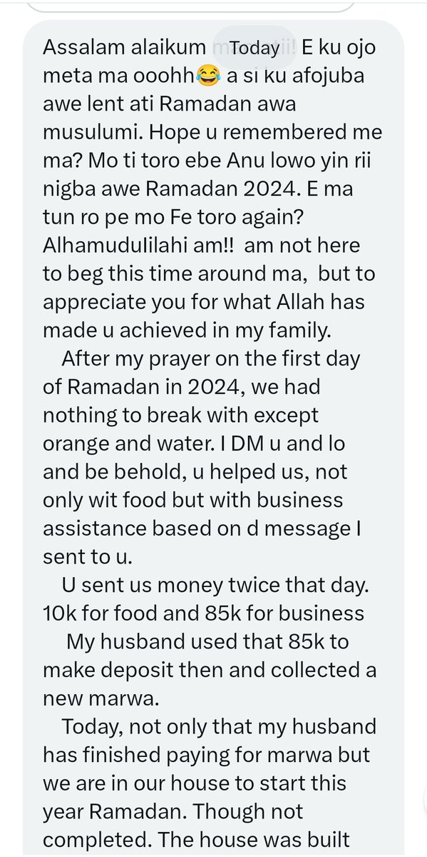 mamatii001's tweet photo. During Ramadan in 2024, she requested for help to get something to break fast and I did. She made mentioned of her business in it. I don't know, that spirit just pushed me to talk to someone about it and lo and behold, my papa sent 85k to him. Lo and behold, the husband use the money to deposit marwa instalment, got it, start driving and today, the man had settled d marwa debts and they AV moved to their uncompleted building. 😭😭
Ur little help might mean d world to someone. Don't hesitate to do it. 
This made my day!!!