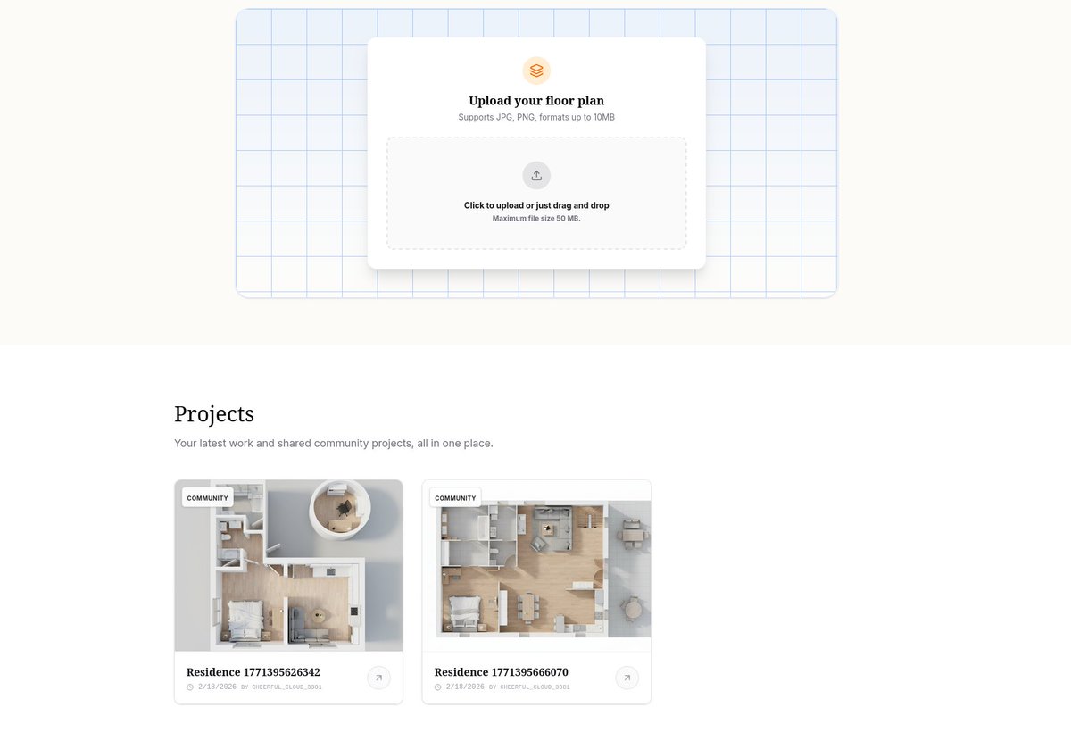 asifdevx's tweet photo. 🚀 Check out Roomify – AI-powered 2D-to-3D architectural visualization! 🏡✨

Turn floor plans into photorealistic 3D renders with AI, persistent hosting, and dynamic galleries.

Live Demo: https://t.co/EnwdIRyLAu

#AI #Architecture #WebDev #Roomify https://t.co/O6IeR7PesJ