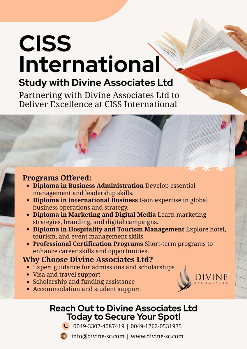 DivineAssociat's tweet image. Advance your career with CISS International, guided by Divine Associates Ltd for admissions, scholarships, and student support.
#DivineAssociatesLtd #StudyAbroad #CISSInternational #InternationalEducation #GlobalOpportunities #ScholarshipSupport #StudentVisa #CareerGrowth