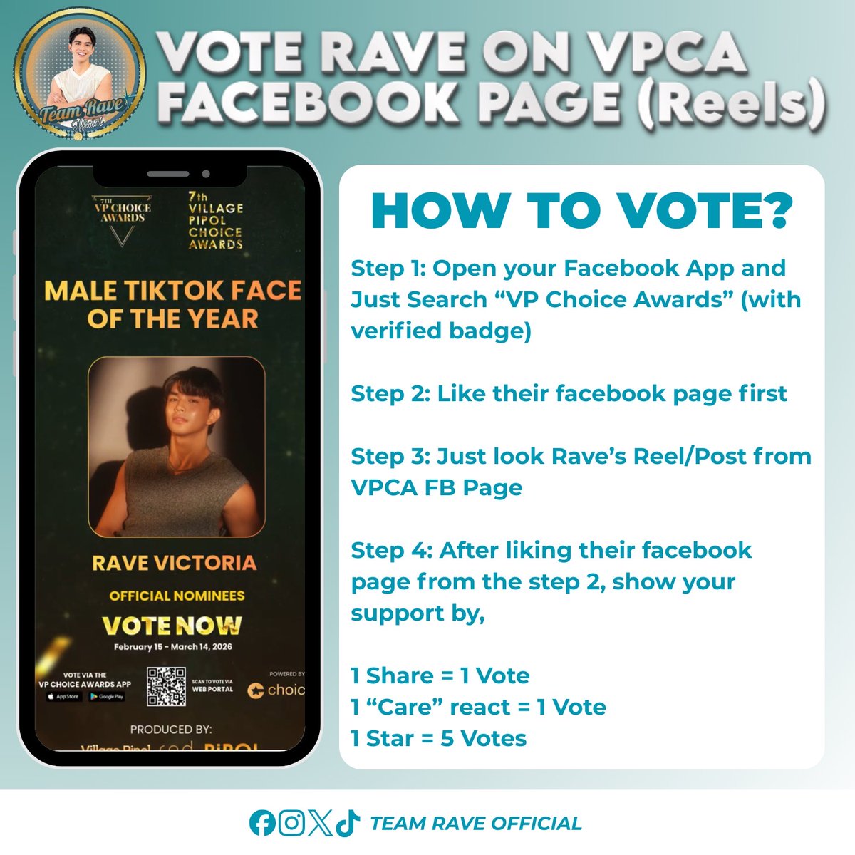 TeamRave_VS's tweet photo. [𝗩𝗢𝗧𝗜𝗡𝗚 𝗥𝗘𝗠𝗜𝗡𝗗𝗘𝗥]

Hi Ravengers! Don't forget to vote.

Rave - Male TikTok Face o the Year
Kolette - Solo Performer of the Year
Ashley - TV Supporting Actress of the Year

Please post the screenshot of your proof of vote with your name, time and date. 

Thank you! https://t.co/FefvnxPvT0